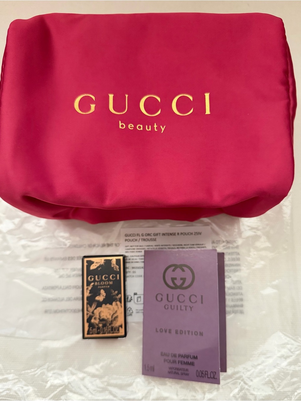 Gucci Beauty hot pink Beauty Cosmetic Pouch with Gucci Fragrance Samples